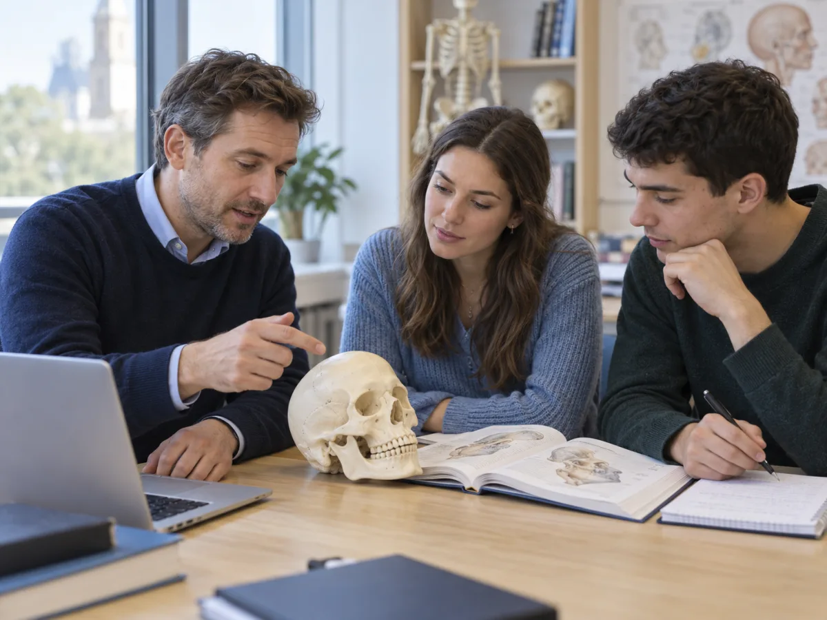 A teacher explaining anatomy to two students over a skull and a textbook